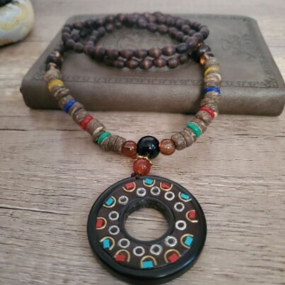 Nepal Buddhist Mala Wood Beaded Pendant Necklace Ethnic Bohemian Boho Necklace